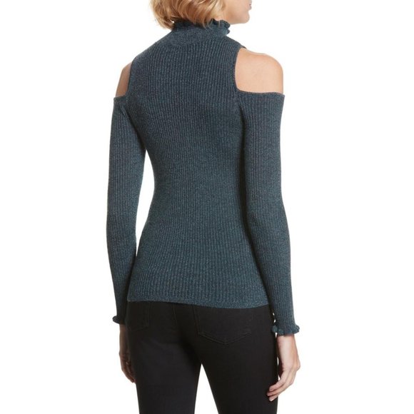 Rebecca Taylor Cold-Shoulder Metallic Ribbed Wool Blend Sweater - Picture 2 of 6